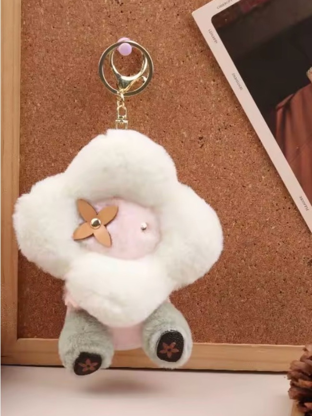Source Unknown Plush Flower Keychain Charm - White, Pink, Green, Gold